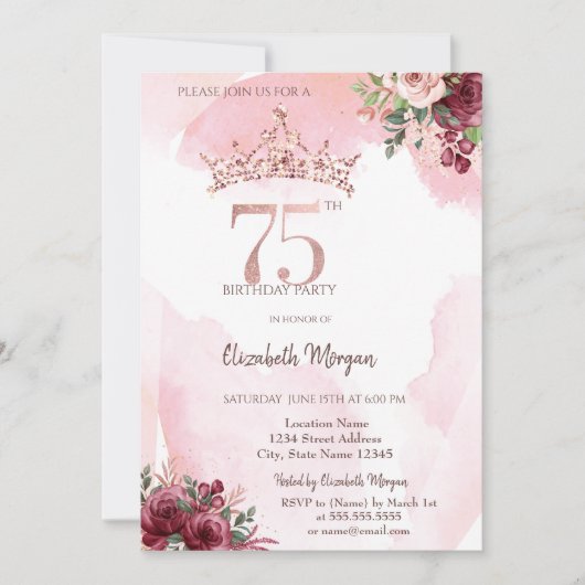 Rose Gold Glitter Roses Crown 75th Birthday 招待状 (正面)