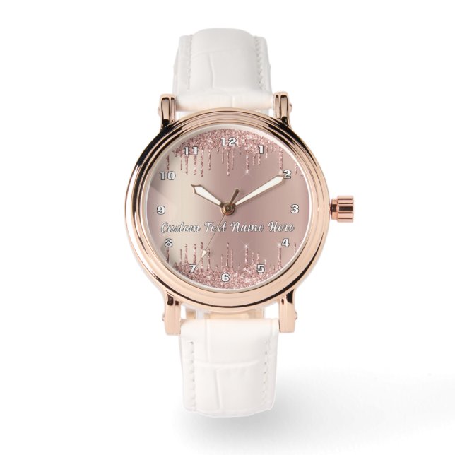 Rose Gold Glitter Watch with Custom Text 腕時計 (正面)