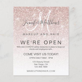 Rose Gold Glitter We're Open Salon COVID Safe チラシ