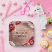 Rose Gold Glitter with Red Roses Wedding ペーパープレート (パーティー)