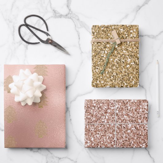 Rose Gold Glitzy Glitter Christmas Tree ラッピングペーパーシート (正面)