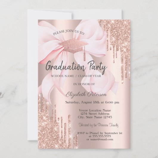 Rose Gold Grad Cap Drips Bow Photo Graduation 招待状 (正面)