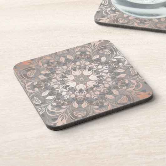 Rose Gold Gray Floral Mandala コースター (左側)