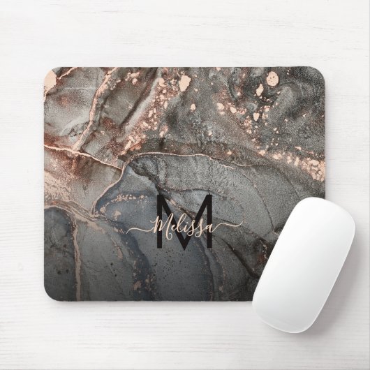 Rose Gold Gray Ink Marble Monogram  マウスパッド (マウス)