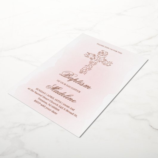 Rose Gold Holy cross Baptism 箔招待状 (回転した状態)