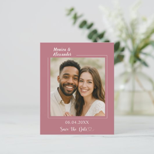 Rose gold ivory photo wedding Save the Date card (スタンド正面)
