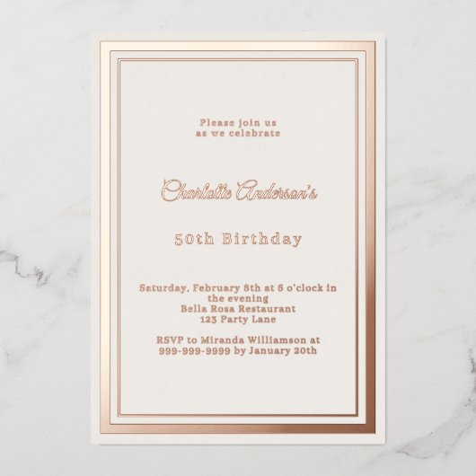 Rose gold ivory simple luxury birthday 箔招待状 (正面)