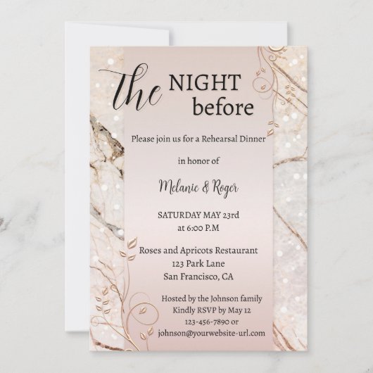 Rose Gold Marble Floral Rehearsal Dinner 招待状 (正面)