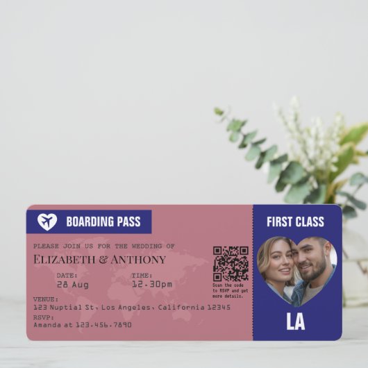 Rose Gold & Midnight Blue Boarding Pass Wedding 招待状 (スタンド正面)