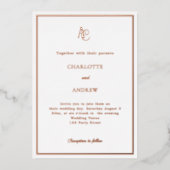 Rose gold modern monogram luxury wedding 箔招待状 (正面)