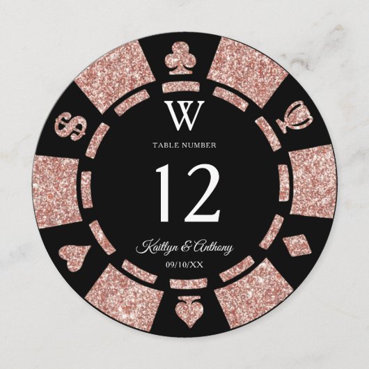 Rose Gold Monogram Poker Chip Casino Wedding 招待状 (正面)