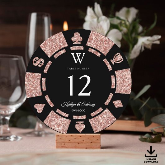 Rose Gold Monogram Poker Chip Casino Wedding 招待状