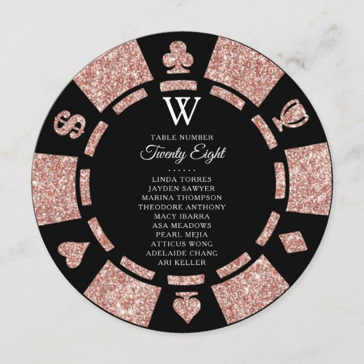 Rose Gold Monogram Poker Chip Casino Wedding 招待状 (正面)