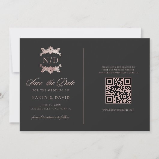 Rose Gold Monogram Qr Code Wedding  セーブザデート (正面)