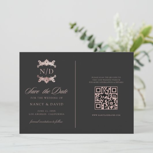Rose Gold Monogram Qr Code Wedding  セーブザデート (スタンド正面)