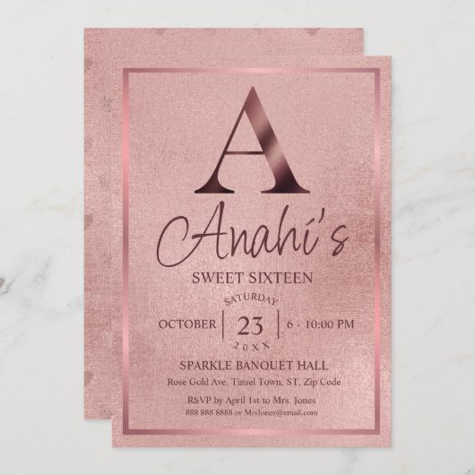 Rose Gold Monogram Sweet Sixteen 招待状 (正面/裏面)