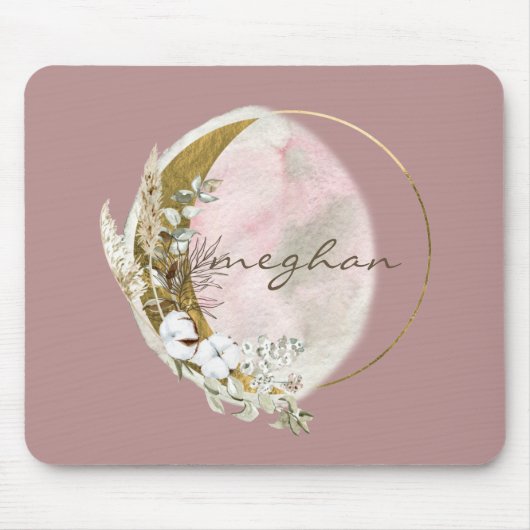 Rose Gold Moon モノグラム 名前 筆記体 マウスパッド (正面)