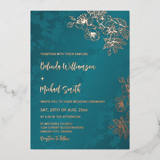 Rose Gold Peacock Green Floral Wedding 箔招待状 (正面)