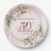 Rose Gold Peony Greenery 50th Birthday Paper Plate ペーパープレート (正面)