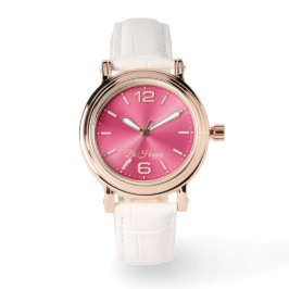 Rose Gold & Pink "Be Happy" Watch with White Strap 腕時計