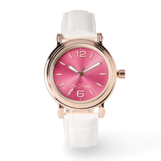Rose Gold & Pink "Be Happy" Watch with White Strap 腕時計 (正面)