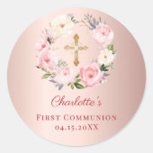 Rose gold pink floral wreath First Communion ラウンドシール (正面)