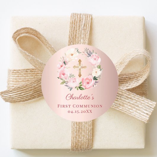 Rose gold pink floral wreath First Communion ラウンドシール