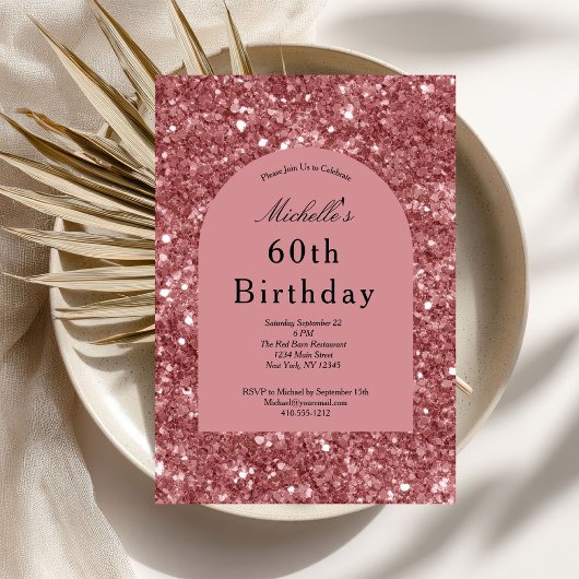 Rose Gold Pink Glitter Glam Bling 60th Birthday 招待状