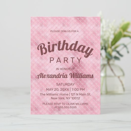 Rose gold pink glitter gradient mermaid Birthday 招待状 (スタンド正面)