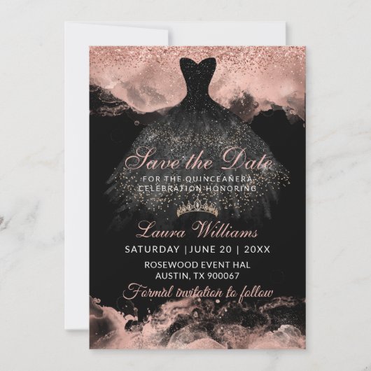 Rose Gold Princess Quinceañera Save the Date (正面)