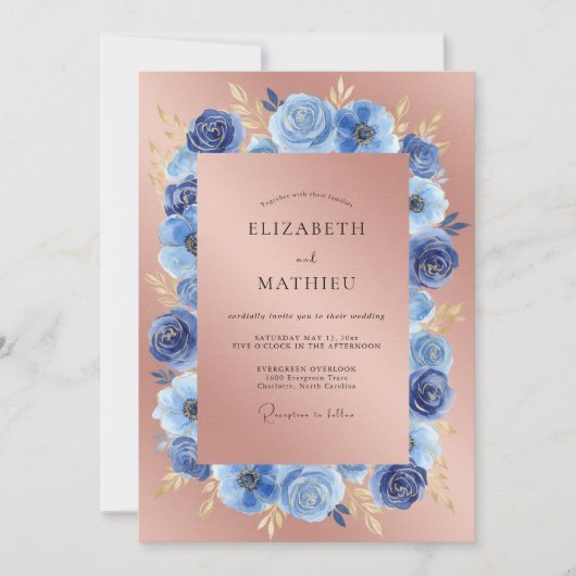 Rose Gold Sapphire Anemone Wedding 招待状 (正面)