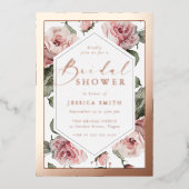 Rose Gold Script Blush Floral Frame Bridal Shower 箔招待状 (正面)