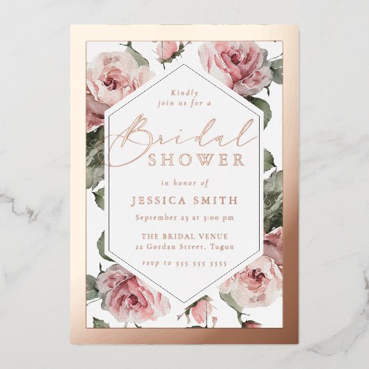 Rose Gold Script Blush Floral Frame Bridal Shower 箔招待状 (正面)