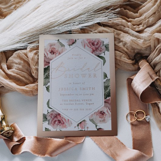 Rose Gold Script Blush Floral Frame Bridal Shower 箔招待状