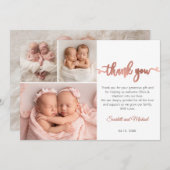 Rose Gold Script Girl Twins Babies 3 Photo Collage サンキューカード (正面/裏面)