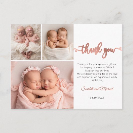  Rose Gold Script Girl Twins Baby Photo Thank You ポストカード (正面)