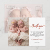 Rose Gold Script Girl Twins Baby Photo Thank You  ポストカード (正面/裏面)
