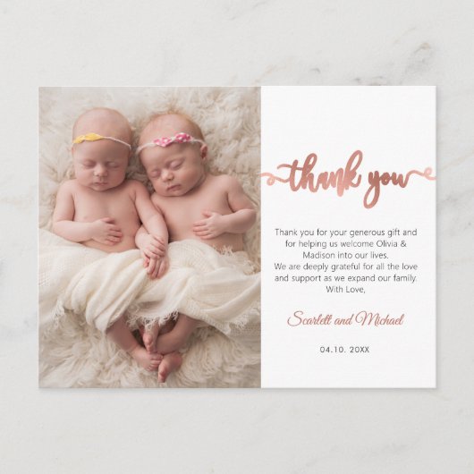 Rose Gold Script Girl Twins Baby Photo Thank You  ポストカード (正面)