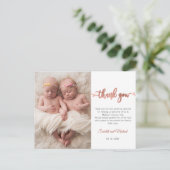 Rose Gold Script Girl Twins Baby Photo Thank You  ポストカード (スタンド正面)