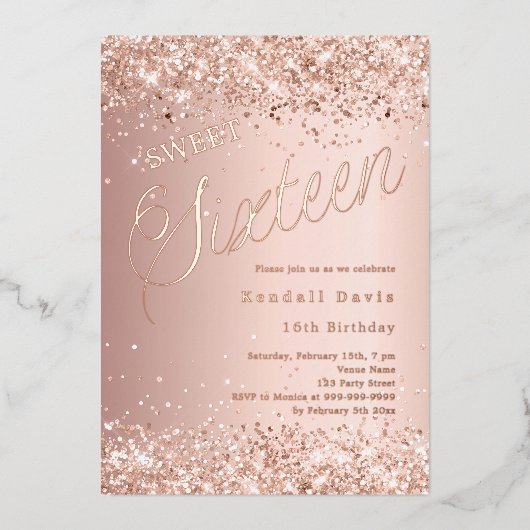 Rose gold script modern Sweet 16 箔招待状 (正面)
