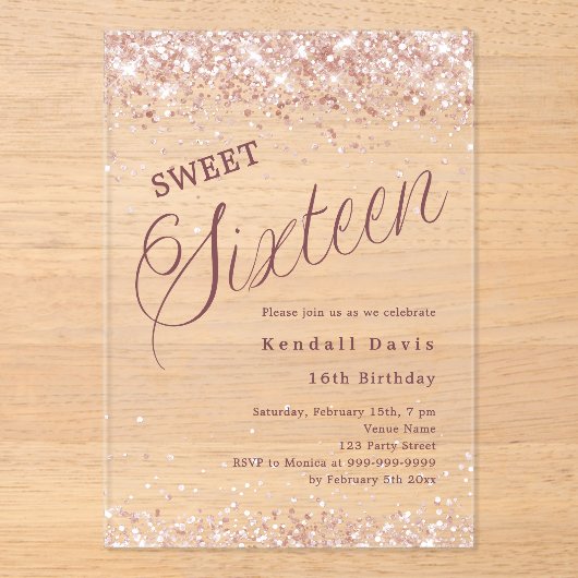 Rose gold script modern Sweet 16 clear アクリル招待状 (正面)