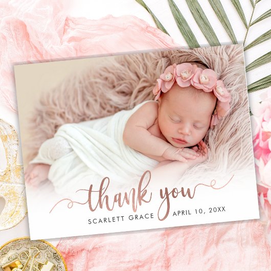 Rose Gold Script Never Baby Photo Thank You サンキューカード
