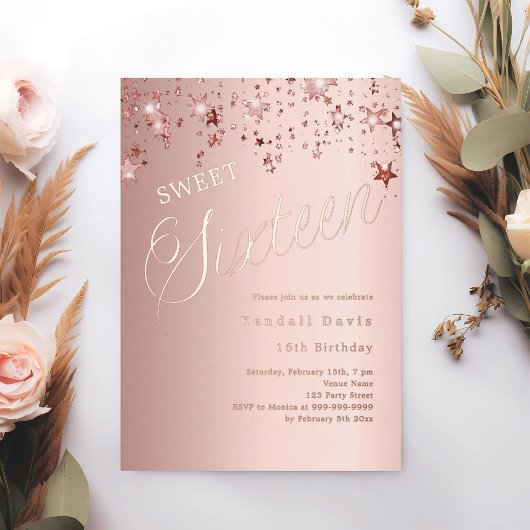 Rose gold script stars modern Sweet 16 箔招待状