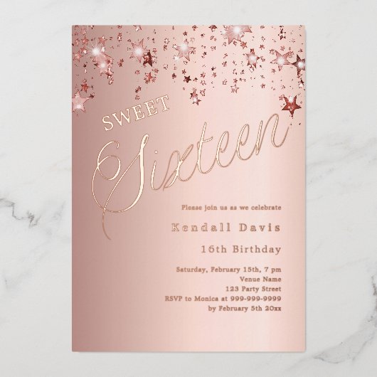Rose gold script stars modern Sweet 16 箔招待状 (正面)
