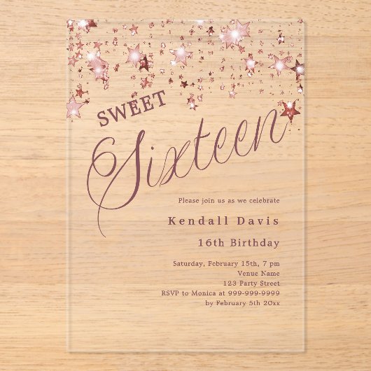 Rose gold script stars modern Sweet 16 clear アクリル招待状 (正面)