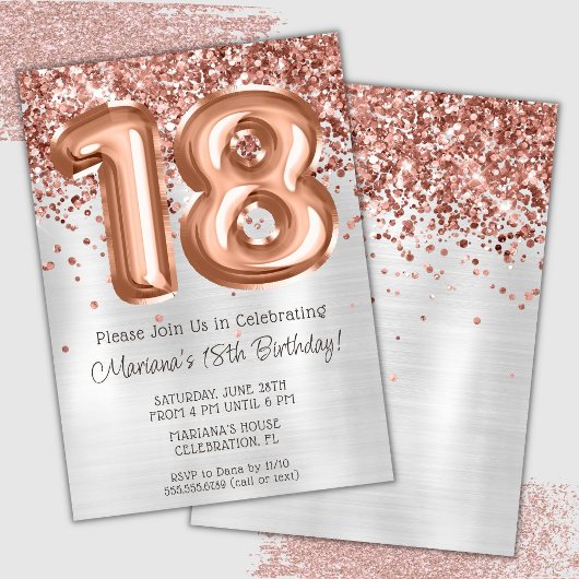 Rose Gold Silver 18歳の誕生日パーティー招待状 招待状