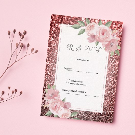 Rose gold silver glitter pink floral RSVP  招待状