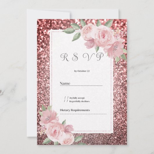 Rose gold silver glitter pink floral RSVP  招待状 (正面)