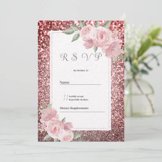 Rose gold silver glitter pink floral RSVP  招待状 (スタンド正面)