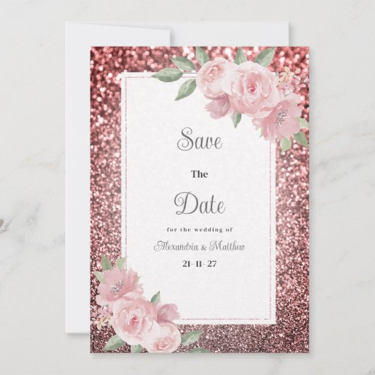 Rose gold silver glitter pink floral Save The Date 招待状 (正面)